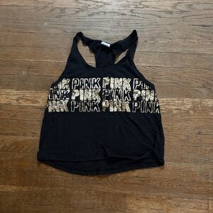 PINK Victoria's Secret Black Racerback Tank with Metallic Gold Logo Print